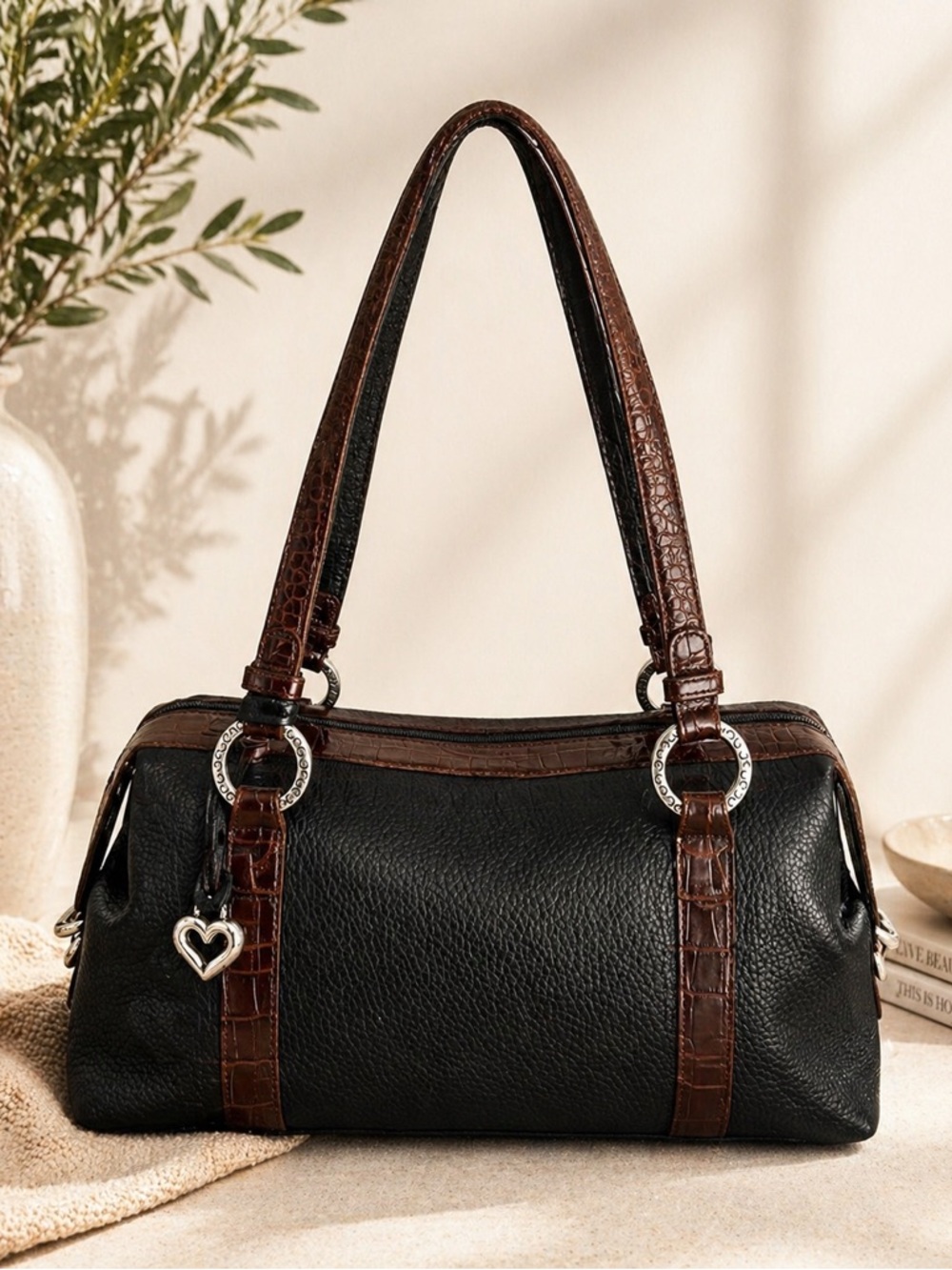 Brighton Black Pebbled Leather shoulder bag Croc Embossed structured purse